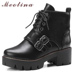 Meotina Winter Motorfiets Laarzen Dames Gesp Dikke Hoge Hak Enkellaarzen Lace-up Ronde Teen Short Shoes Lady Fall Plus Size 33-43 210608