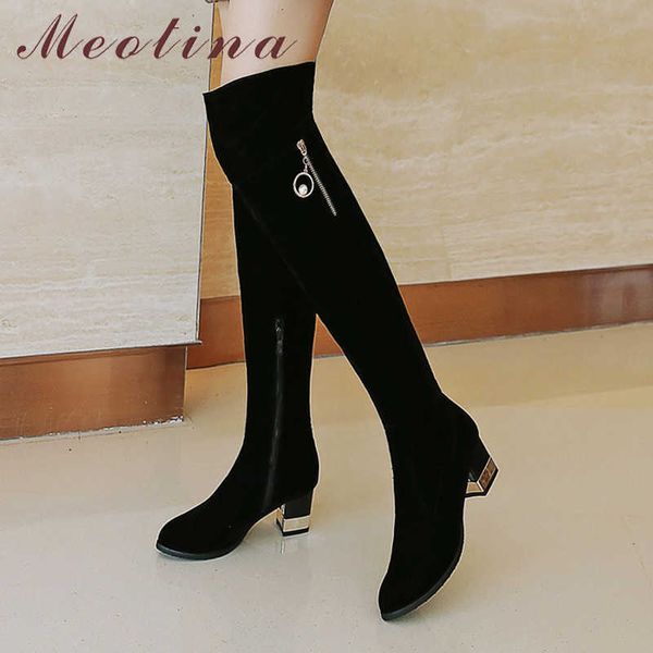 Meotina hiver cuissardes bottes femmes sexy mince épais talon haut sur les bottes au genou Zip bout rond chaussures femme automne taille 33-43 210608