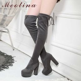 Meotina femme super haut talon sur le genou bottes plate-forme bloc talons bottes longues Slim Stretch chaussures dames cuissardes 43 210608