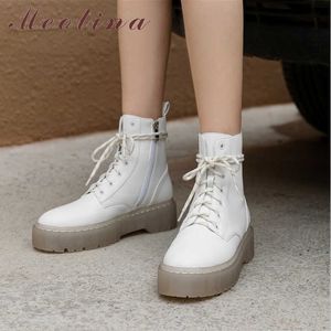 Meotina Femmes Boots Boots Chaussures Real Leather Platform Bloc High Heels Motorcycle Boots Cross Tied Zip Ladies Boots Boots blanc 210608