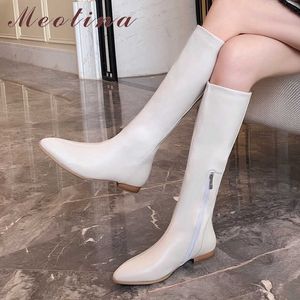 Meotina, botas para mujer, botas de montar de otoño, botas planas hasta la rodilla con cremallera, zapatos de punta estrecha a la moda, zapatos de mujer para invierno, negro, talla 34-39 210608