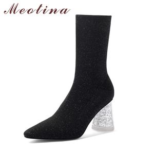 Meotina Femmes Mid Calf Boots Chaussures pointues Toe de style étrange Talons de style Lady Boots Slip-on High Heel Stretch Boots Black 210520