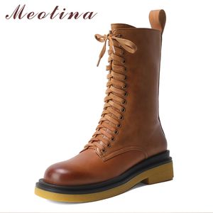 MEOTINA Dames Motorfiets Laarzen Schoenen Echt Lederen Platform Mid Hak Mid Calf Boots Zip Lace Up Block Heels Dames Laarzen Bruin 43 210520