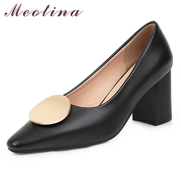 Meotina, zapatos de tacón alto con decoración de Metal para mujer, zapatos de punta estrecha, calzado de tacón grueso para mujer, verano, blanco, negro, talla grande 210608