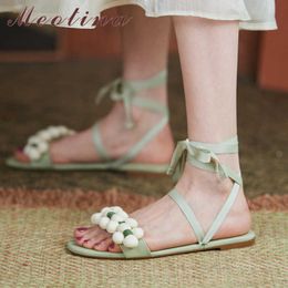 Meotina Femmes Sandales Chaussures Cross Strap Sandales Plates Fleur Bout Rond Chaussures Pour Dames Chaussures De Mode D'été Vert 210608
