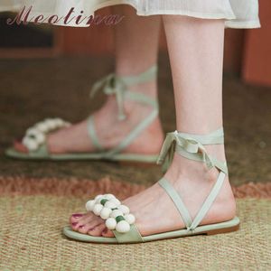 Meotina Dames Sandalen Schoenen Kruisband Platte Sandalen Bloem Ronde Teen Dames Schoenen Zomer Mode Schoenen Groen 210608