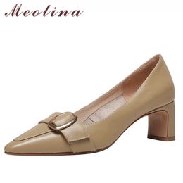 Meotina Scarpe da donna Natural Genuine Leather Tacchi alti Fibbia Décolleté con tacco quadrato Scarpe a punta Scarpe da donna da ufficio Beige 210608