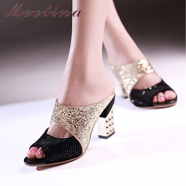 Meotina femmes chaussures été pantoufle paillettes Spike talons hauts chaussures Sexy cristal Peep orteil diapositives dames sandales rouge grande taille 34-43