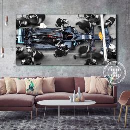 Mercedes-Amg Pit Stop F1 Formula 1 Pintura de lona de carreras Modernas de arte de la pared Implave de la pared para la sala de estar Decoración de la sala de estar