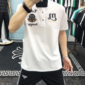 Polo de algodón mercerizado para nuevos hombres Marca de moda de verano Manga corta Insignia de cabeza de tigre Impresión Diseño de diamante caliente Solapa Blanco M-4XL