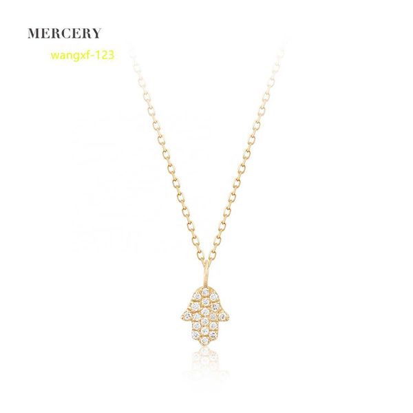 Mercery, venta al por mayor, collar de cadena con colgante de diamante Natural Real personalizado de lujo, joyería de oro sólido de 14k, collares con dijes de mano de Hamsa