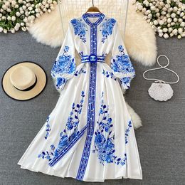Merchall Retro Style Long Maxi Robe Femme Stand Collar Lantern Lantern Single Breasted Floral Print Party Robes M62107 240422