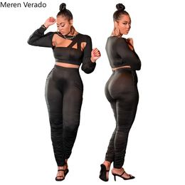 Meren Verado Spring Winter Dames Pant Set Set Long Sleeve Hollow Out Crop Top en Pak Jogger Two 2 -Piece Sexy Clubwear 240423