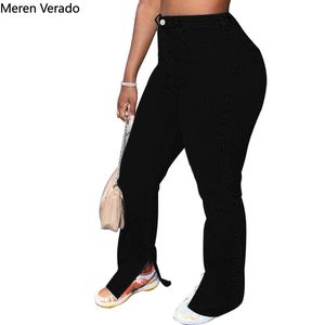Meren Verado Streetwear Casual Hoge Taille Damesmode Open Vork Jeans Mode Gewassen Effen Denim Potlood Lange Broek Plus Size 240315
