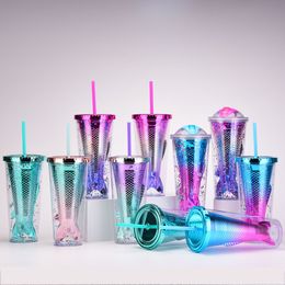 Meermin! 12oz Double Layer Plastic Skinny Gradient Tumbler met kleurrijke stro UV Fishtail Paillette Water Cup