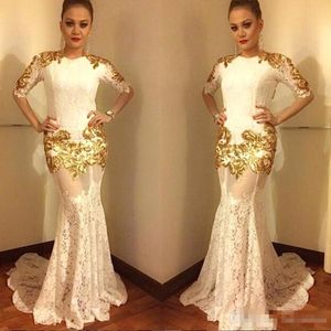 Mermaid 2019 Vintage avondjurken Half 1/2 Sheeves Gold Appliue Aracbic Lace Zie door lange prom feestjurk