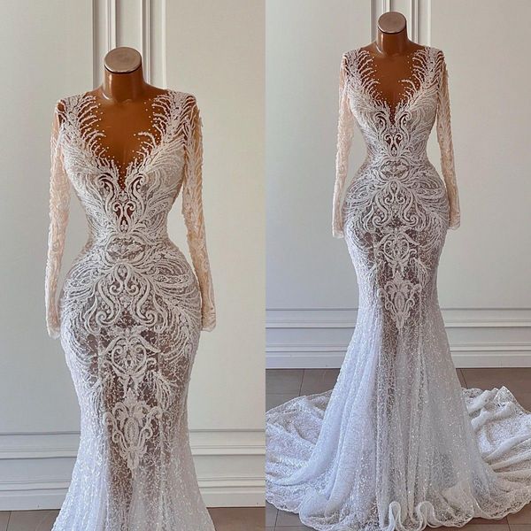 Sirène 2023 robes de mariée de créateurs robe nuptiale en dentelle applique joyeu cou mandes longues paillettes illusion corsage personnalisé Vestidos de train de balayage de novia plus