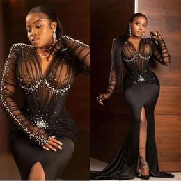 Mermaid African Beading Prom Sexy V nek Front Split lange mouw avondjurk satijnoutfit formele jurken 0509