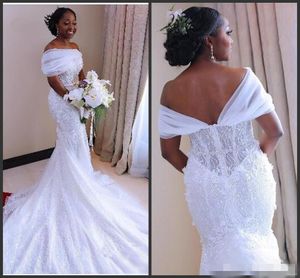 Zeemeermin Afrikaanse jurken kralen van de schouder tule op maat gemaakte sweep trein trouwjurk vestido de novia