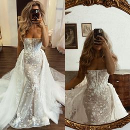 Mermaid Appliques kanten jurken overskirts bruiloft Berta jurk illusie vintage gewaad de mariee bruidsjurken