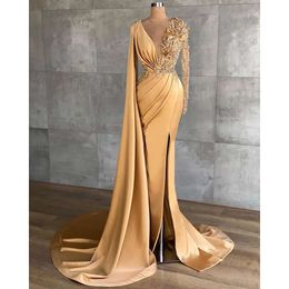 Mermaid Aso Gold Ebi Arabische sexy avond kristallen Crystals prom dresses High Split formeel feest tweede ontvangstjurken Zj295