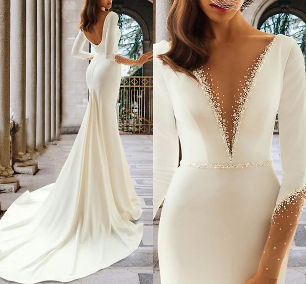 Vestido de Novia con cuentas de sirena para mujer, Vestidos de Novia formales de manga larga con escote en V y Espalda descubierta, Vestidos de Novia hechos a medida 2023