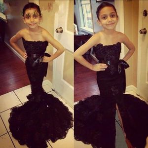 Zeemeermin zwarte meisjes pageant jurk mode strapless lint sjerp kant vloer lengte meisjes feestjurken aangepaste grootte
