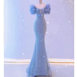 Sirène bleu robes de bal de luxe perlé paillettes manches bouffantes col carré arc longue formelle banquet femmes sexy robes de soirée 2023