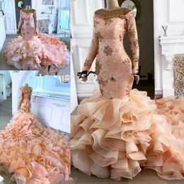 Zeemeermin blush jurken roze bruidsjurk met lange mouwen kristallen kristallen trapskende ruches schep nek op maat gemaakte kapel trein vestido de novia