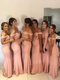 Mermaid blush roze bruidsmeisje jurken van schouder vloer lengte kanten tuin bruiloft gasten feestjurken bruidsmeisje jurk Arabisch prom