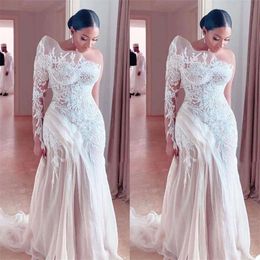 Mermaid Bridal Jurk Designer Wedding Lace Dresses Appliqued Custom Made Plus Size One Shoulder Long Mouwen Tule Sweep Train Vestido de Novia