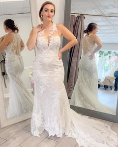 Sirène Robe De Mariée De Mariée 2023 Sheer Illusion Neck Back Full Lace Vestidos De Novia Court Train Garden Castle Beach Robe De Mariee Boutons Couverts Sans Manches