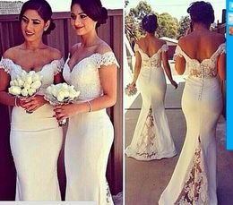 Zeemeermin bruidsmeisje jurk v-hals uit schouder terug knop kant bruidsmeisje jurk goedkope vloer lengte lange bruidsmeisjekleding