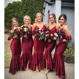 Mermaid bruidsmeisje jurken riemen begraven 2019 spaghetti high low off the schoudermeisje jurk op maat gemaakt voor strandhuwelijk