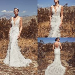 Zeemeermin Calla Blanche Veer Trouwjurken Sexy Diepe V-hals Kant Applique Tuin Bruidsjurk Landelijke Stijl Boheems Vestido De Novia Estido