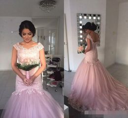 Mermaid Charmante roze avondjurken Lace Applique Sweep Train geschulpte halslijn afgedekte mouwen formele OCN Wear Prom Party -jurken