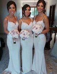 Mermaid goedkoop lange bruidsmeisje jurken kanten applique spaghetti riemen vloer lengte bruidsmeisje jurk brautjungfer kierider
