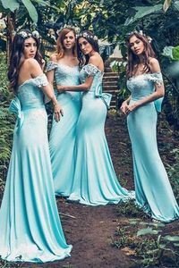Zeemeermin land aqua blauwe bruidsmeisje jurken van de schouder top kant glanzende rits backless prom jurk zomer bruiloft gasten rok met boog