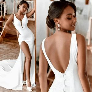 Zeemeermin Landelijke Stijl Trouwjurk V Backless Elegante Bruidsjurken Elastisch Satijn Jurken voor Bruid Afrikaanse Arabische Jurken Strand vestido De Soierr CDW171