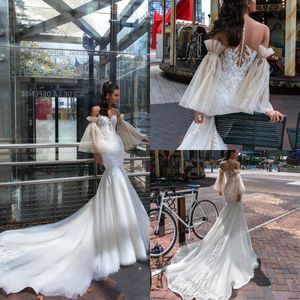 Robes de mariée sirène en cristal, avec manches détachables, col transparent, avec des Appliques en dentelle, avec traîne de balayage, robe de mariée personnalisée