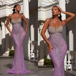 Mermaid Crystal Halter Avondjurken Sexy mouwloze kralen prom jurk glitter vloer lengte formele feestjurken