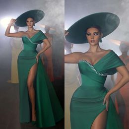 Mermaid Diamant van Emerald Green Elegante schouderplooien Split prom jurk lange jurken voor speciale OCNS -avondjurken Es