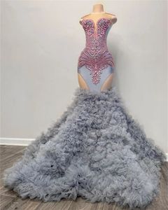Mermaid Diamanten Lange prom -jurken 2024 voor zwarte meisjes kralen kristallen steentjes steentjes moe ruches avondfeestjurk