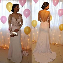 Mermaidjurken Backless 2021 Sexy lange mouwen kanten applique kralen Chiffon sweep trein strand trouwjurk vestido de novia