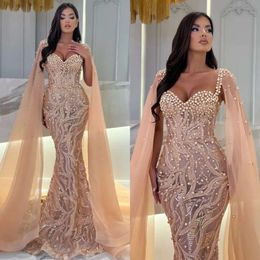 Zeemeerminjurken Champagne prachtige avond elegant met Cape Pearls sweetheart pailletten prom jurk Arabische formele jurken voor vrouwen