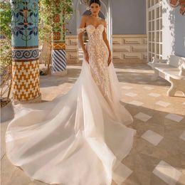 Robes de sirène train détachable 2024 épaule dentelle appliques robe pour mariée 2 en 1 robe de mariée robe de noiva grande taille 328 328