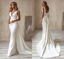 Vestidos de sirena elegantes con lazo de tren desmontable blanco marfil Boho vestido de novia de boda en la playa cuello en V Abito Da Sposa