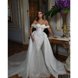 Robes de sirène magnifique robe en dentelle avec train détachable du Shoder paillettes S Arabia robes de mariée Robes de Mariee Drop Dhaxf