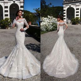 Mermaid jurken bruiloft kanten pure mouwen toegevoegde schep halslijn lange trein vintage bruidsjurken Vestidos de novia 0417