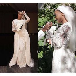 Mermaid Dubai Jurken Arabisch 2021 met overkruids kanten lange mouwen op maat gemaakte juweel nek kralen bruidsjurk vestidos